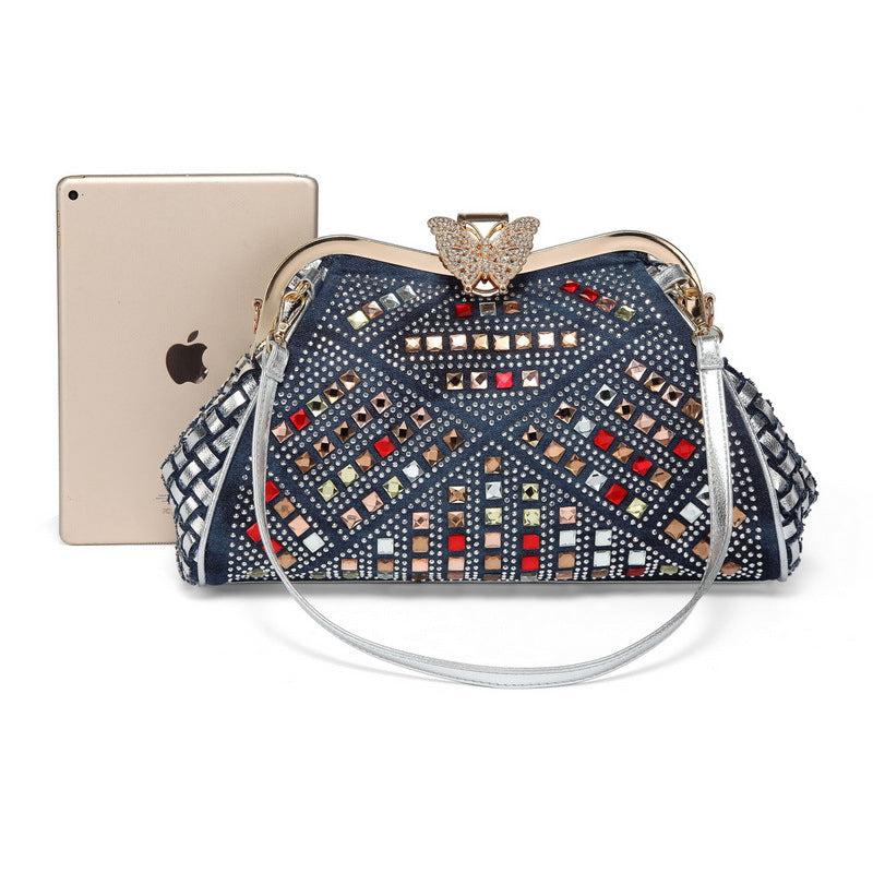 Summer New Style Cowgirl Canvas Woven Rhinestone Shoulder Messenger Bag Butterfly Clip Blue Zone Planet