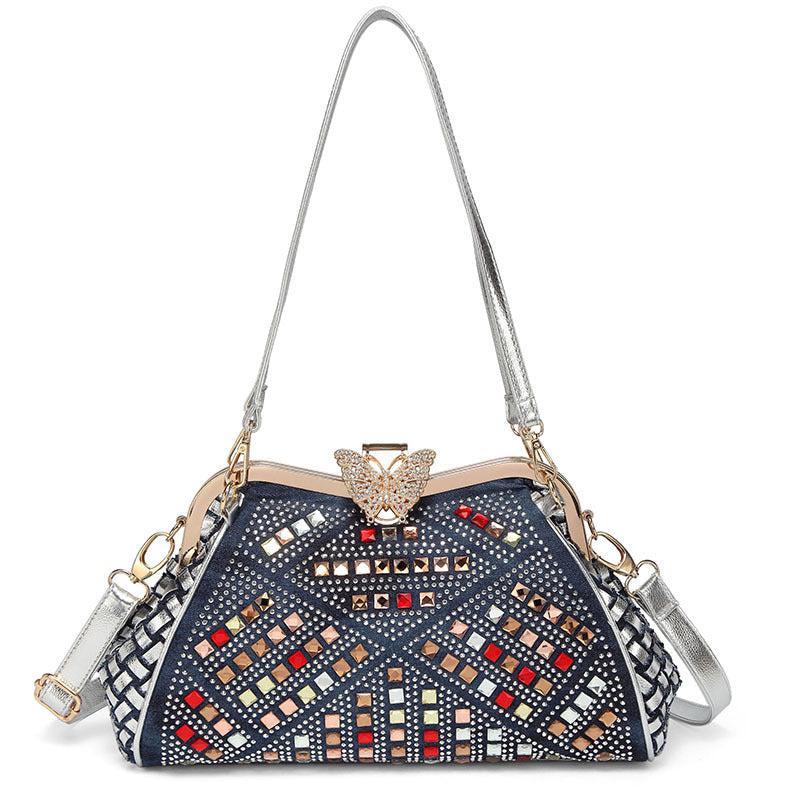 Summer New Style Cowgirl Canvas Woven Rhinestone Shoulder Messenger Bag Butterfly Clip Blue Zone Planet