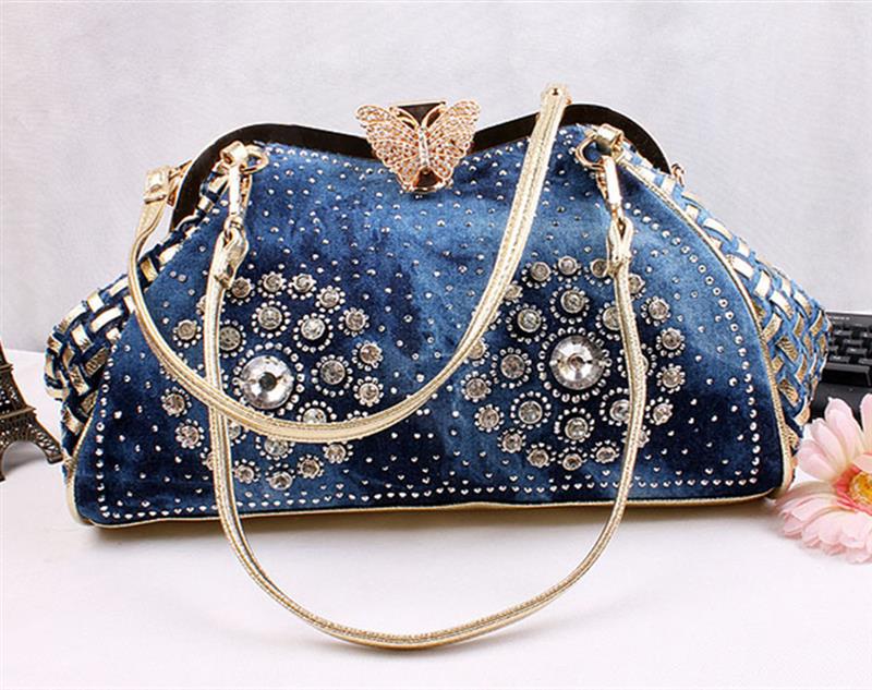 Summer New Style Cowgirl Canvas Woven Rhinestone Shoulder Messenger Bag Butterfly Clip Blue Zone Planet