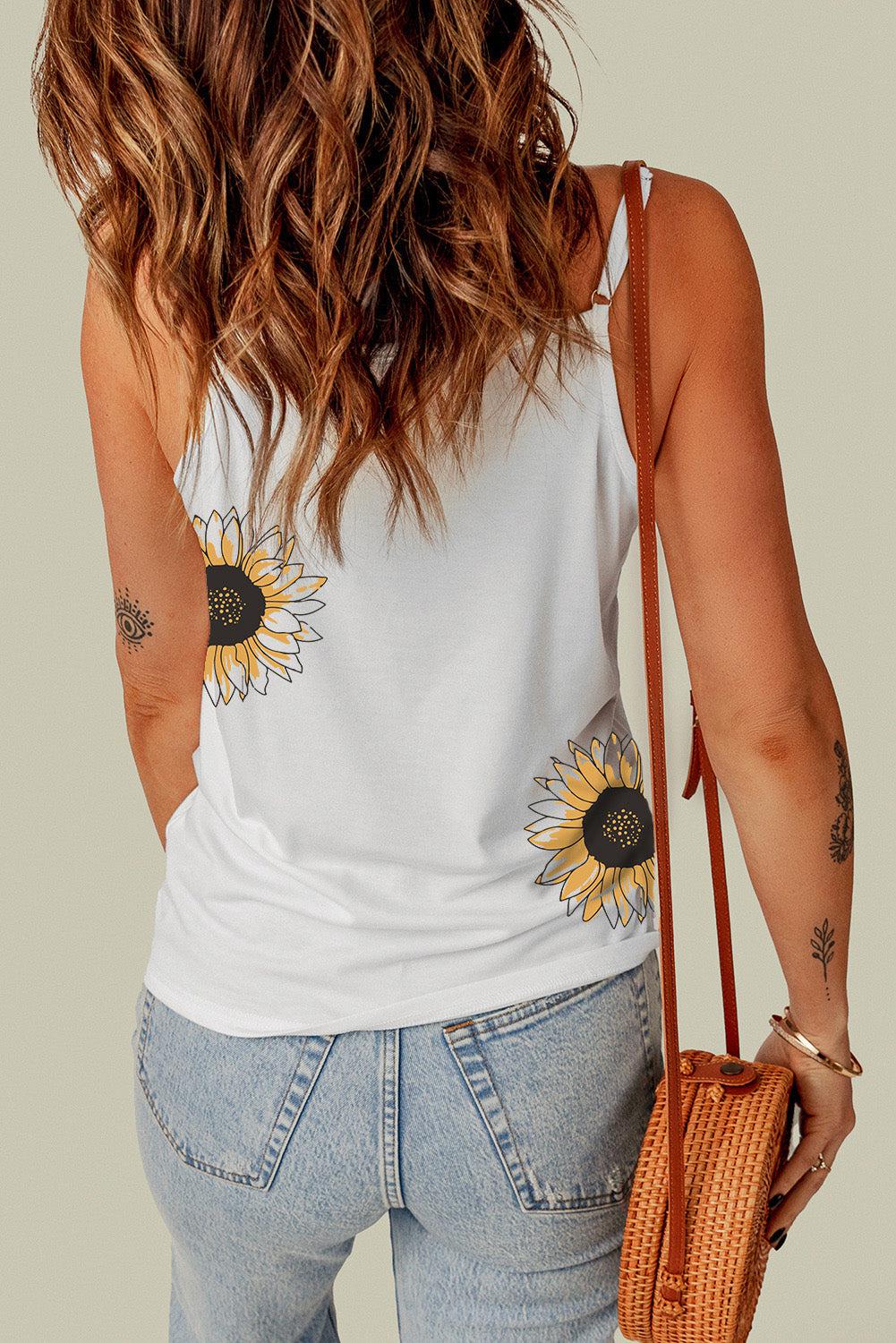 Sunflower Print Lace Trim Plunge Cami BLUE ZONE PLANET