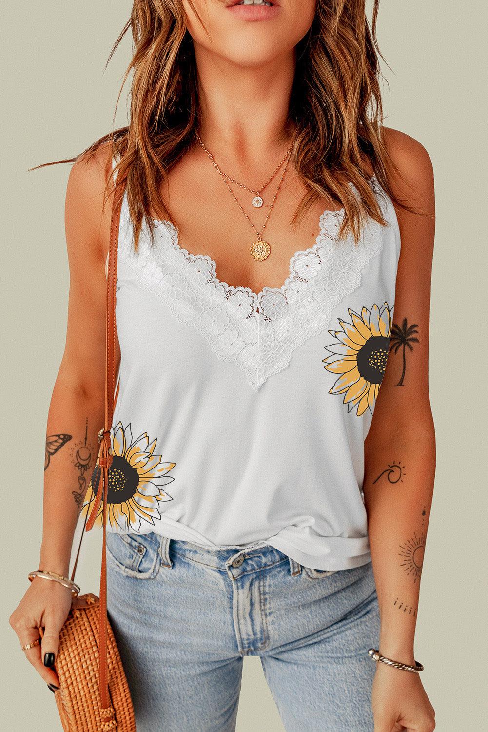 Sunflower Print Lace Trim Plunge Cami BLUE ZONE PLANET