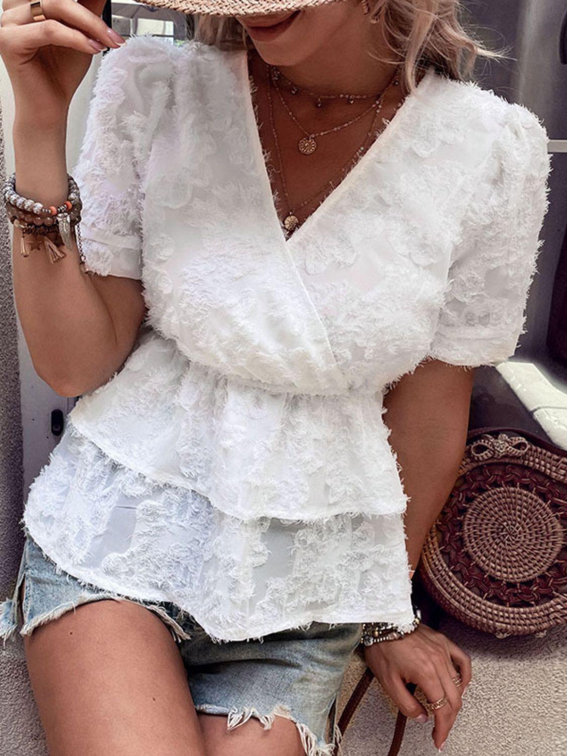 Surplice Neck Layered Peplum Top BLUE ZONE PLANET
