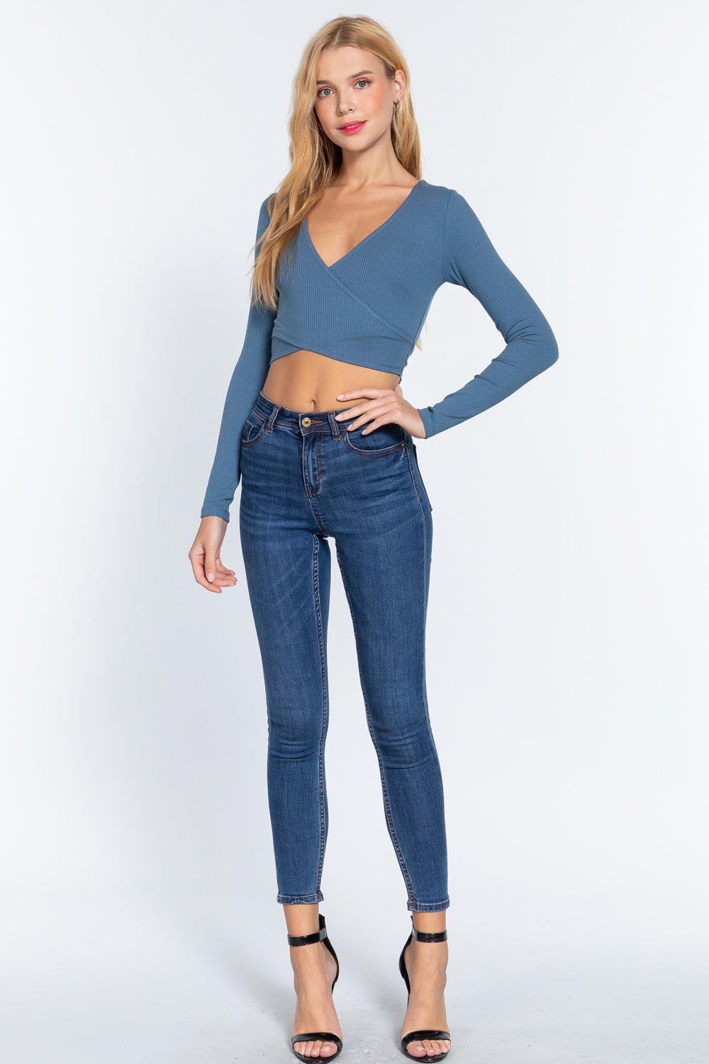 Surplice W/tie Rib Knit Top Blue Zone Planet