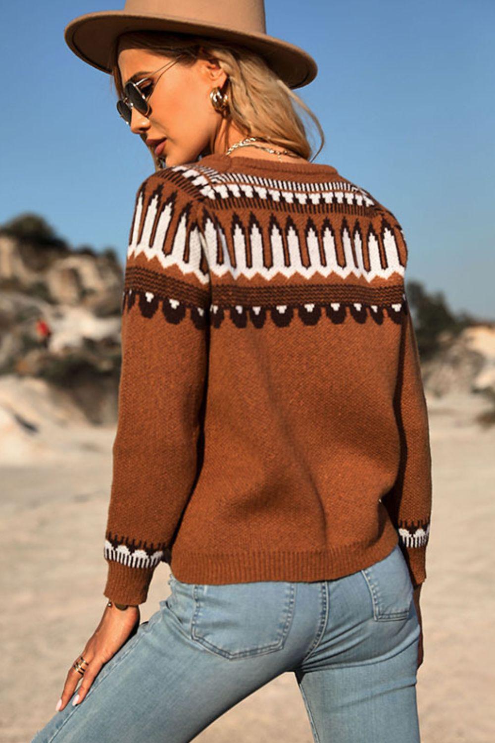 Sweet and Casual Patterned Round Neck Sweater BLUE ZONE PLANET