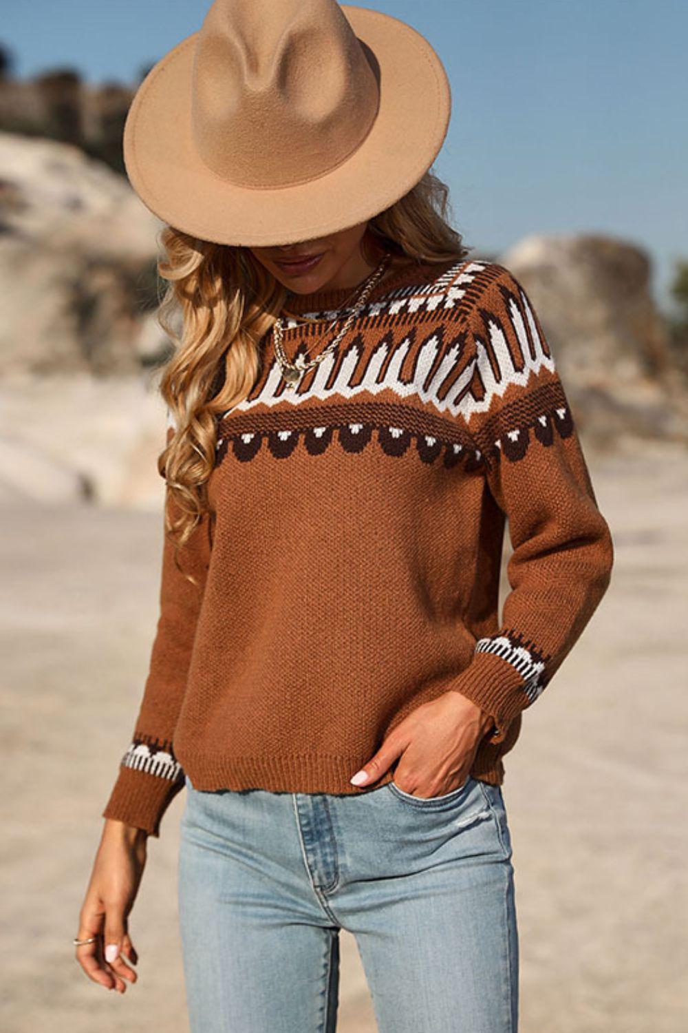Sweet and Casual Patterned Round Neck Sweater BLUE ZONE PLANET