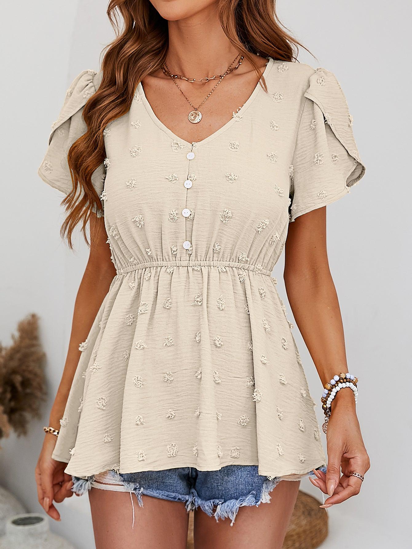 Swiss Dot Buttoned Petal Sleeve Peplum Blouse BLUE ZONE PLANET