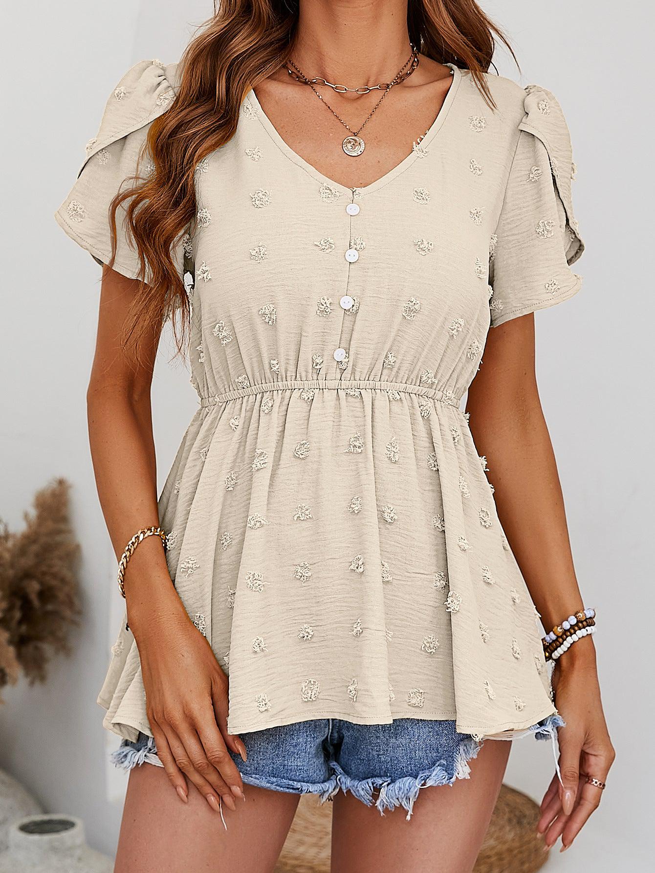 Swiss Dot Buttoned Petal Sleeve Peplum Blouse BLUE ZONE PLANET