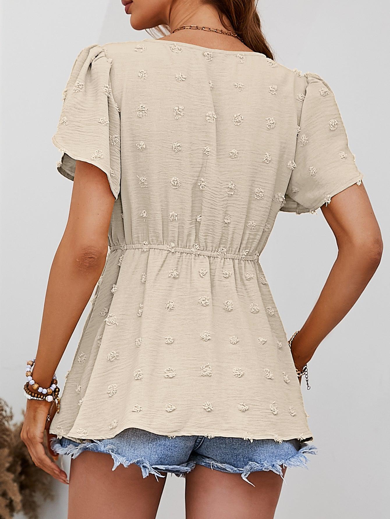 Swiss Dot Buttoned Petal Sleeve Peplum Blouse BLUE ZONE PLANET