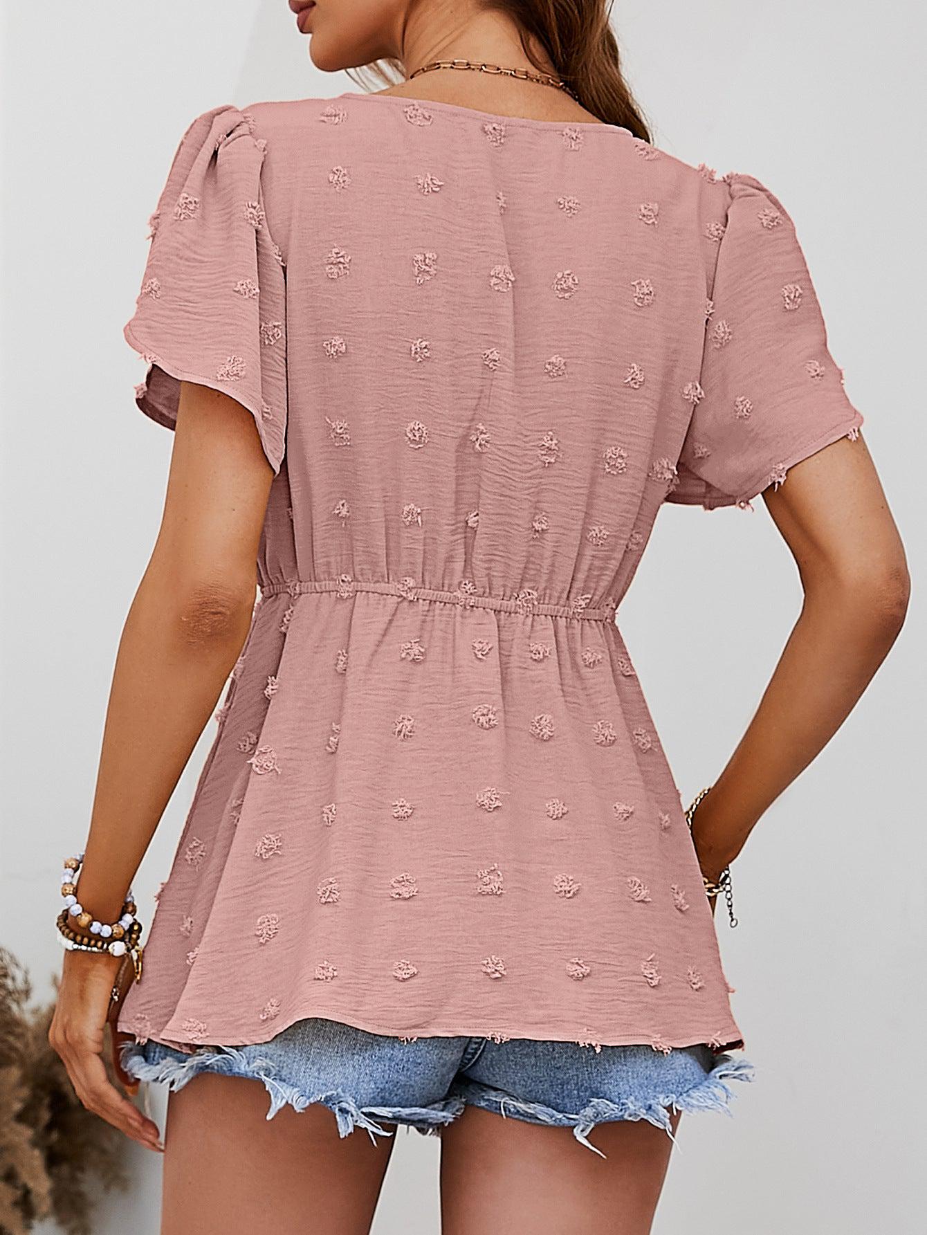 Swiss Dot Buttoned Petal Sleeve Peplum Blouse BLUE ZONE PLANET