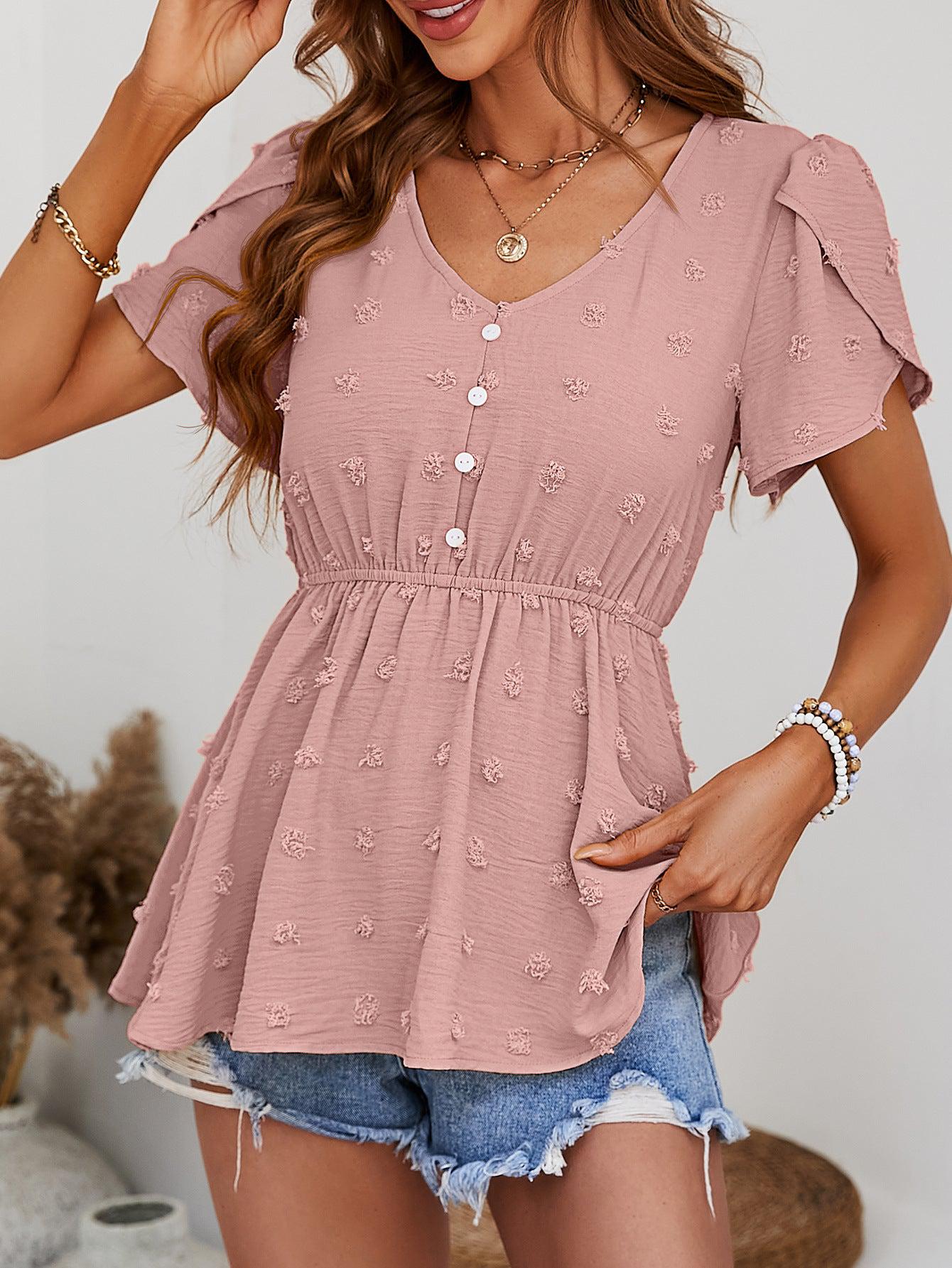 Swiss Dot Buttoned Petal Sleeve Peplum Blouse BLUE ZONE PLANET