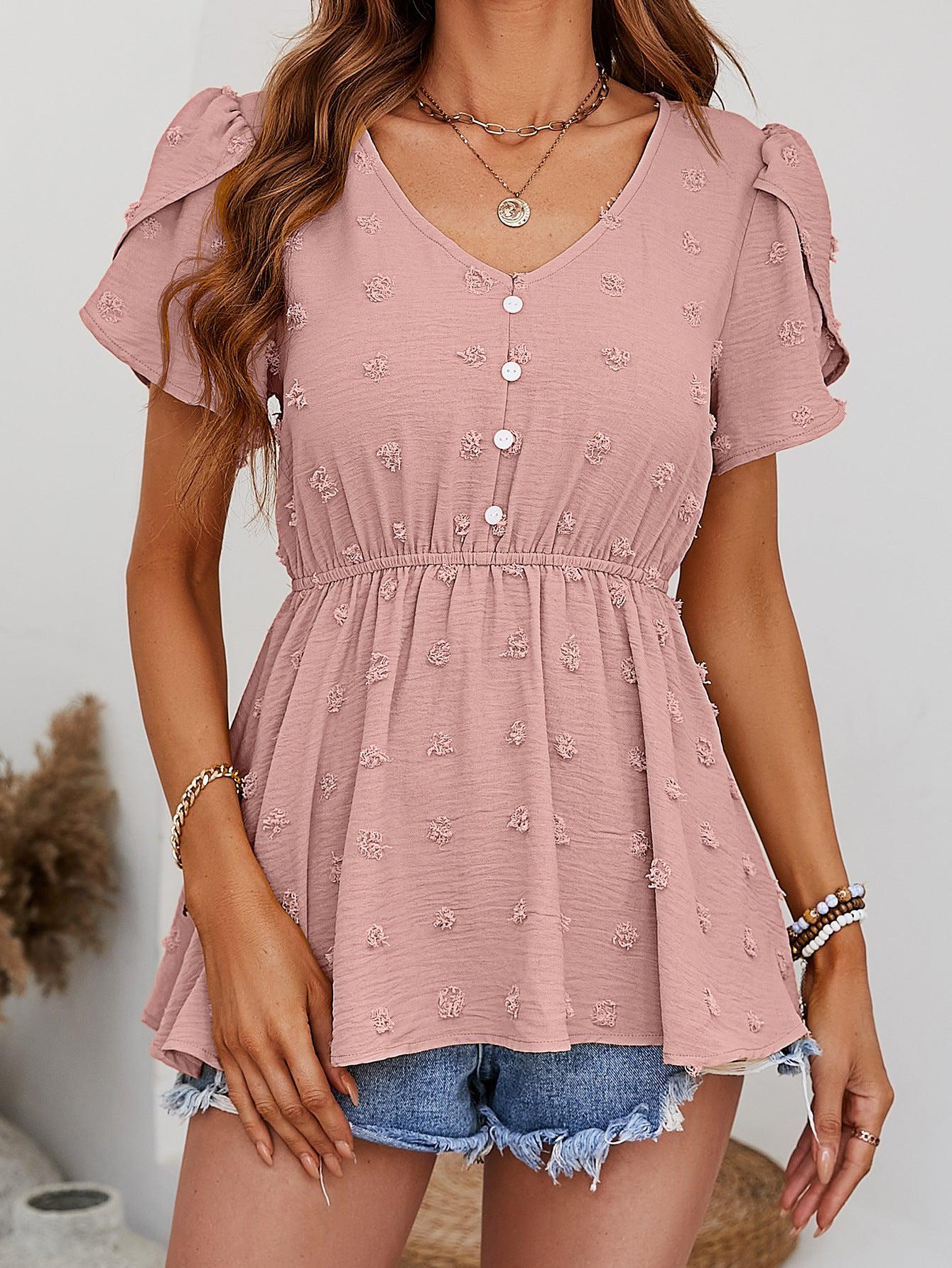 Swiss Dot Buttoned Petal Sleeve Peplum Blouse BLUE ZONE PLANET