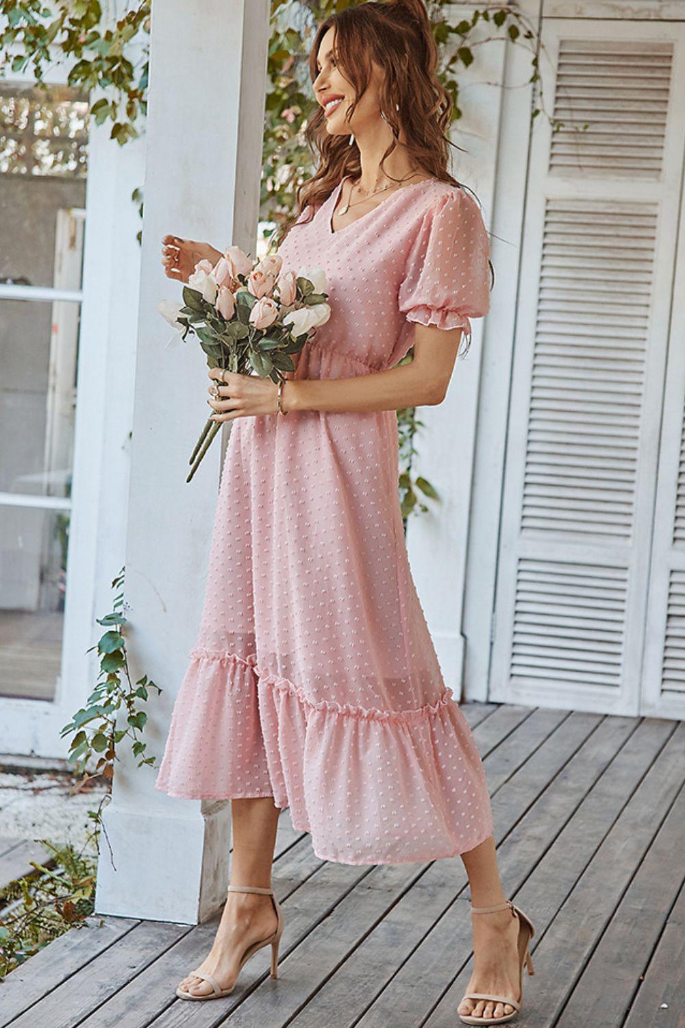 Swiss Dot Frill Trim Flounce Sleeve Midi Dress BLUE ZONE PLANET