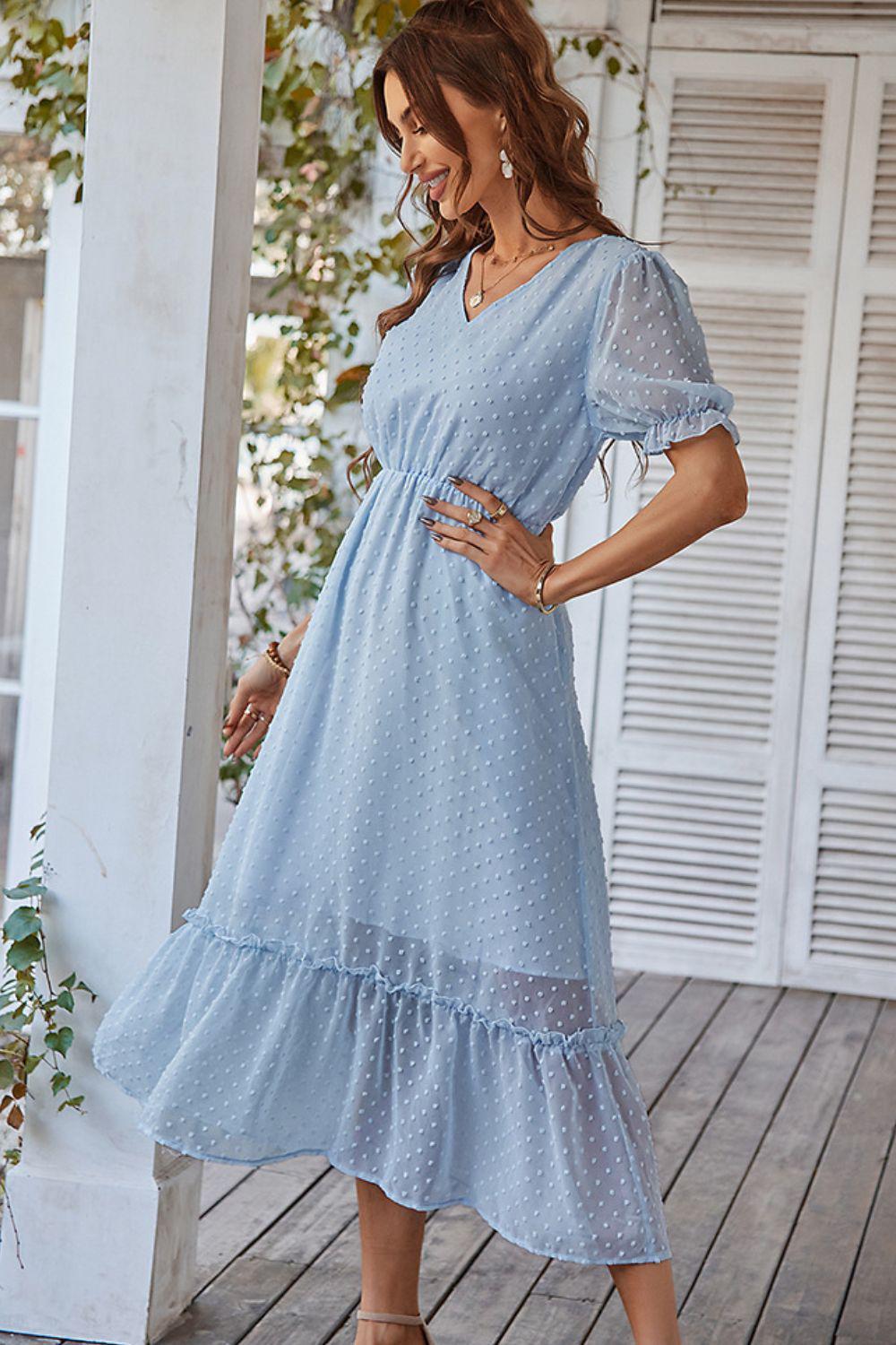 Swiss Dot Frill Trim Flounce Sleeve Midi Dress BLUE ZONE PLANET