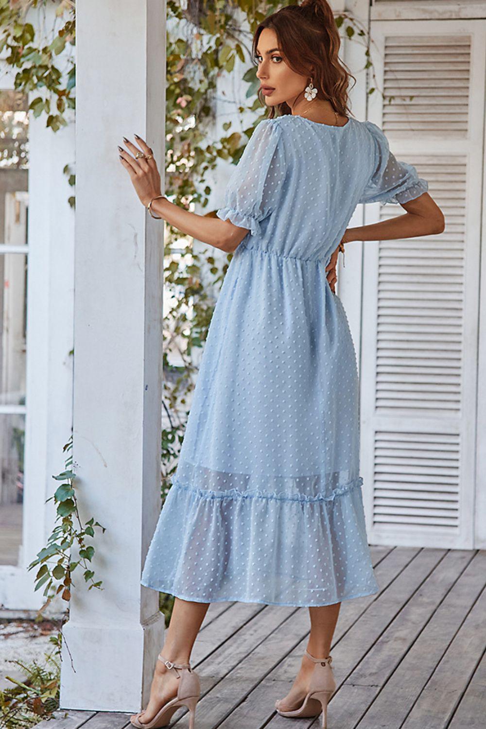 Swiss Dot Frill Trim Flounce Sleeve Midi Dress BLUE ZONE PLANET