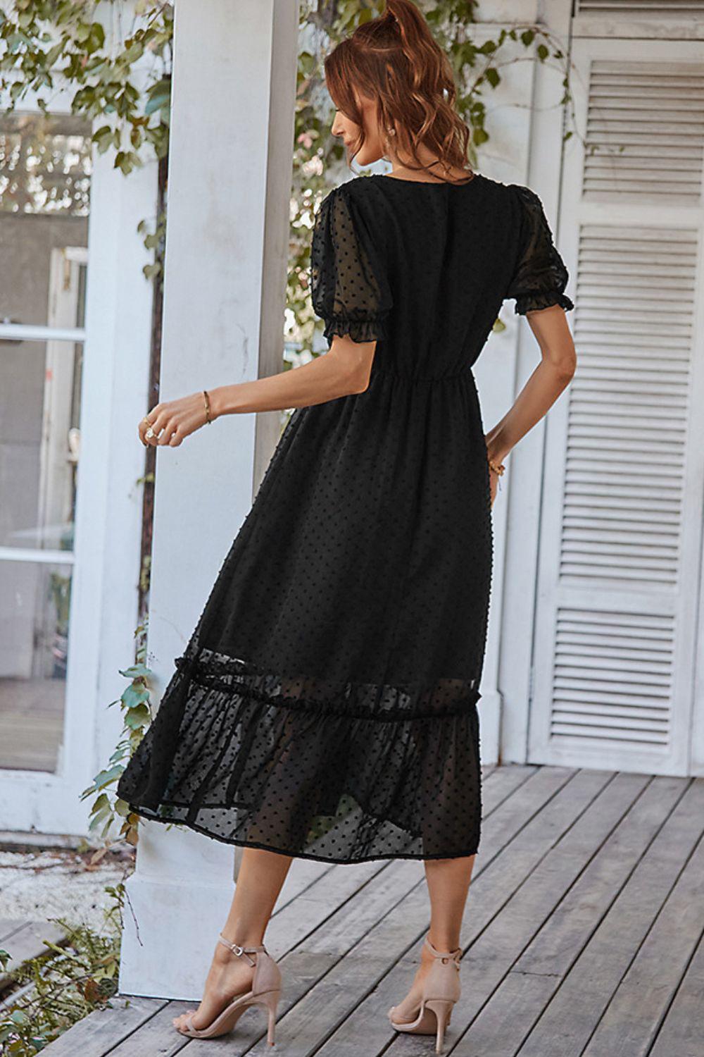 Swiss Dot Frill Trim Flounce Sleeve Midi Dress BLUE ZONE PLANET