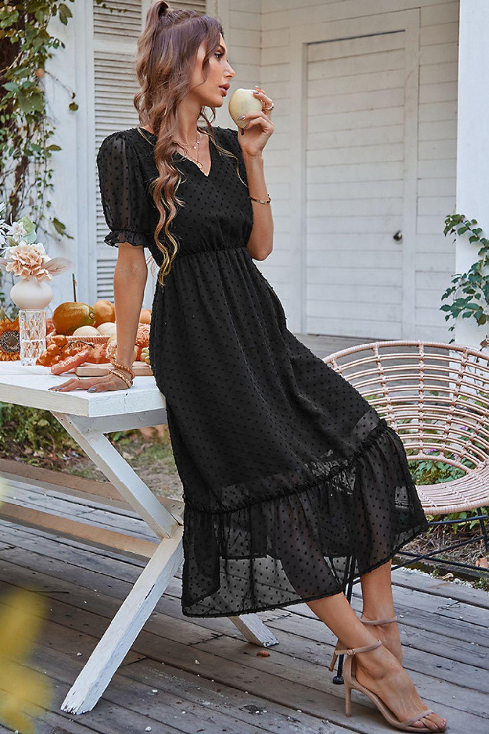 Swiss Dot Frill Trim Flounce Sleeve Midi Dress BLUE ZONE PLANET