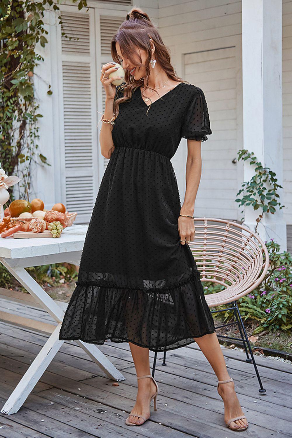 Swiss Dot Frill Trim Flounce Sleeve Midi Dress BLUE ZONE PLANET