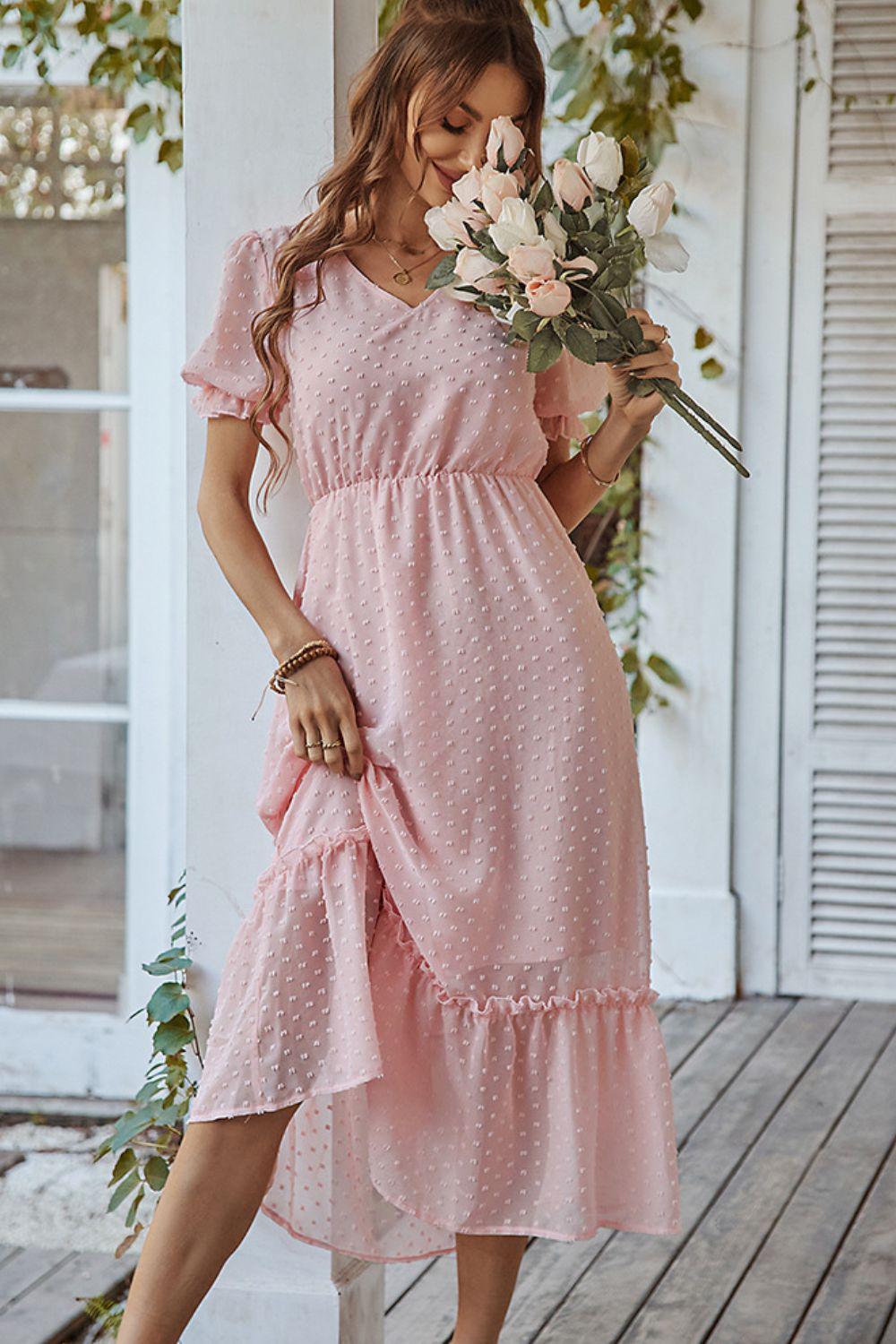 flounce sleeve midi dress Swiss Dot Frill Trim Flounce Sleeve Midi Dress by Blue Zone Planet