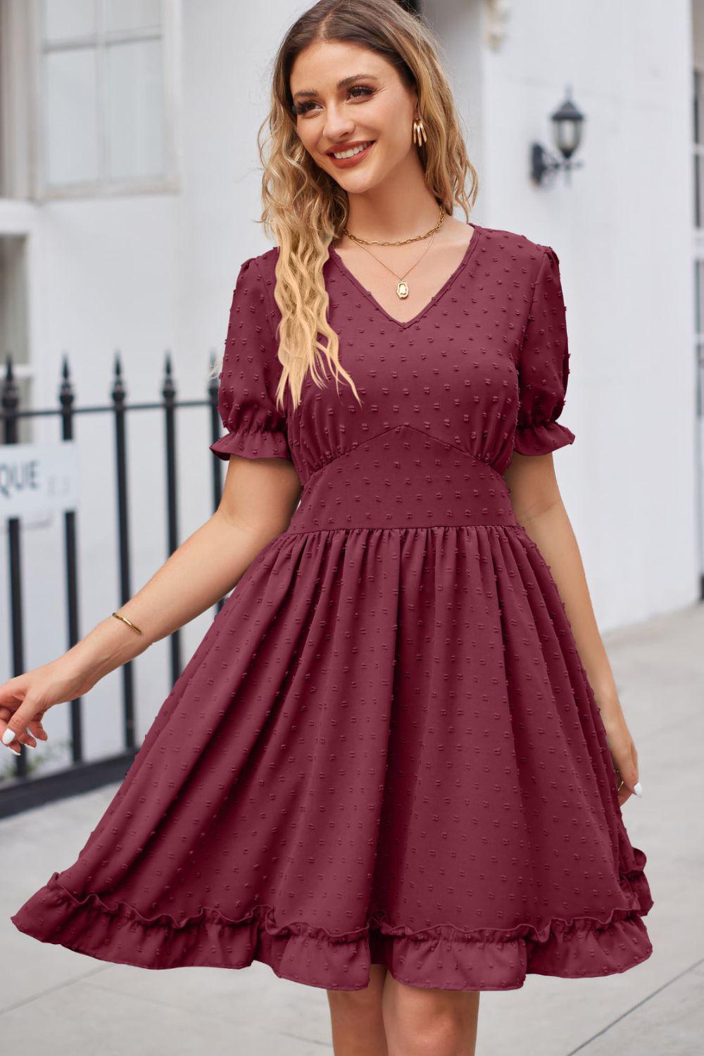 Swiss Dot Frill Trim Flounce Sleeve V-Neck Dress BLUE ZONE PLANET