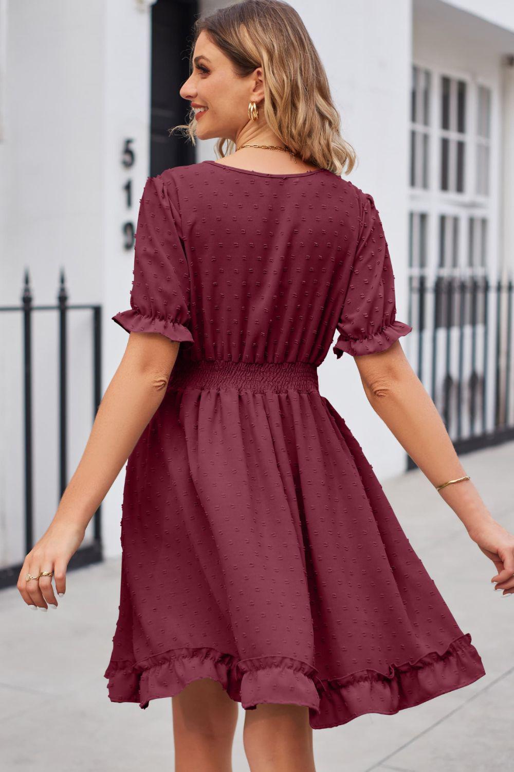 Swiss Dot Frill Trim Flounce Sleeve V-Neck Dress BLUE ZONE PLANET