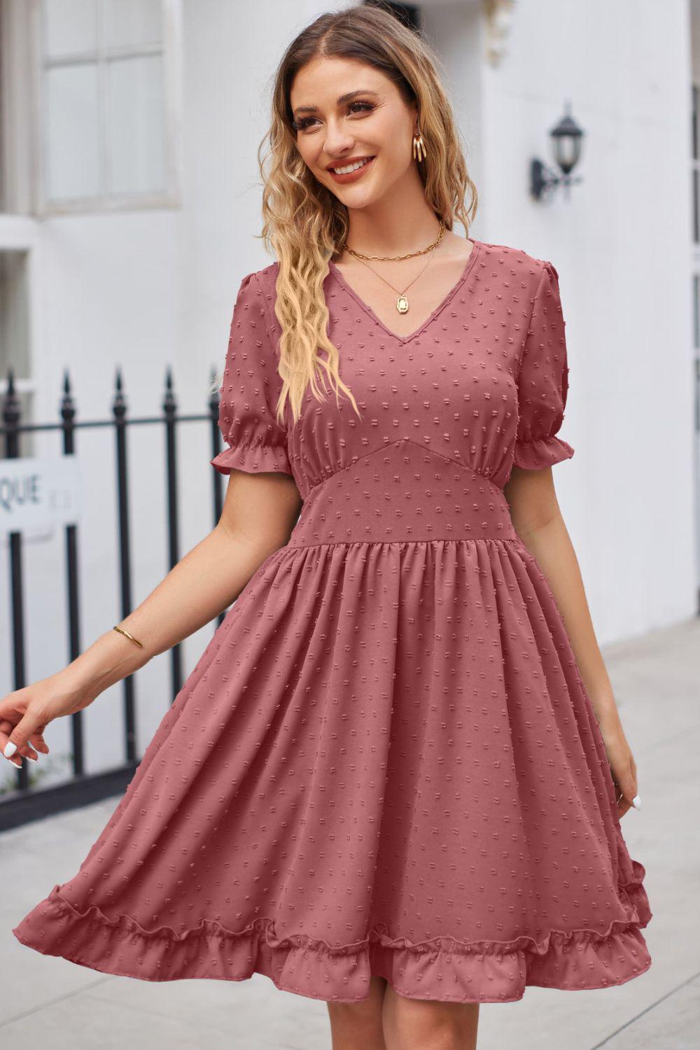 Swiss Dot Frill Trim Flounce Sleeve V-Neck Dress BLUE ZONE PLANET