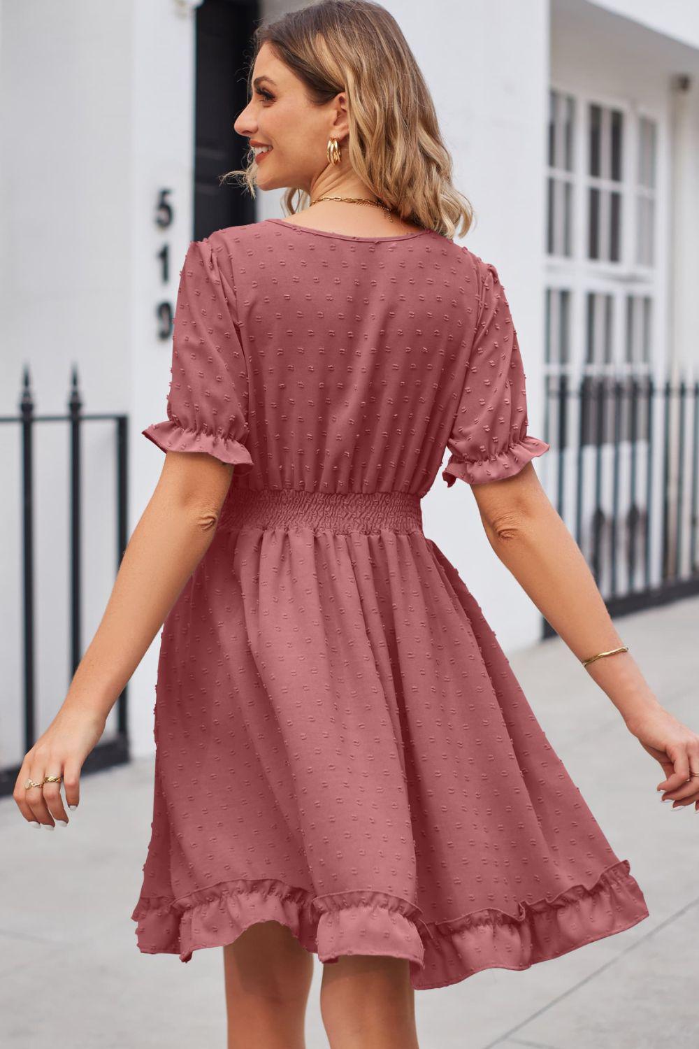 Swiss Dot Frill Trim Flounce Sleeve V-Neck Dress BLUE ZONE PLANET