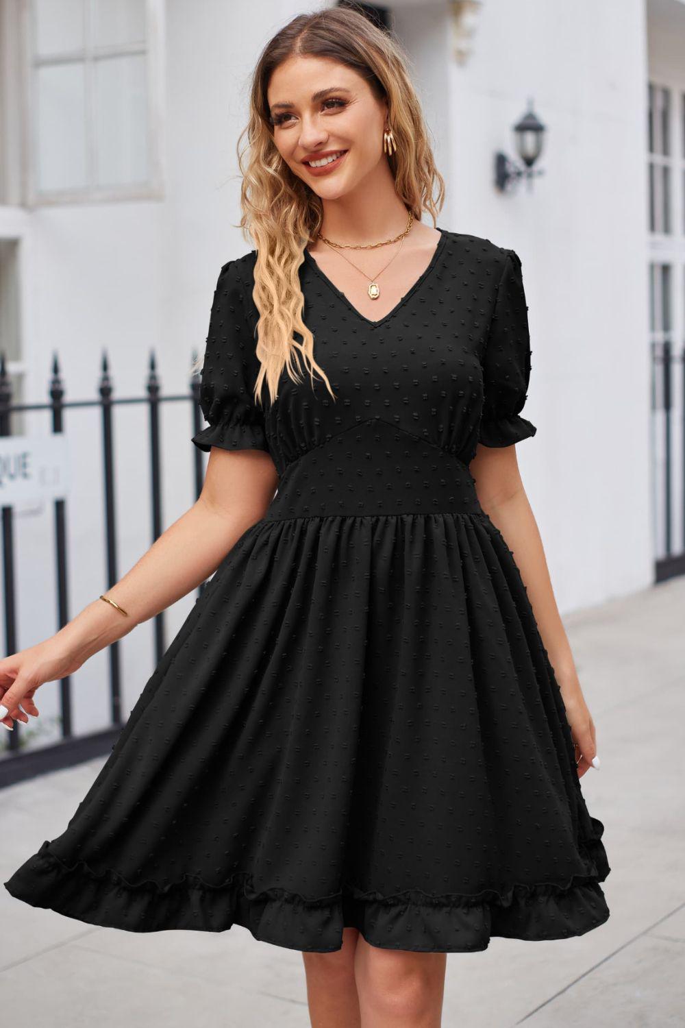 Swiss Dot Frill Trim Flounce Sleeve V-Neck Dress BLUE ZONE PLANET