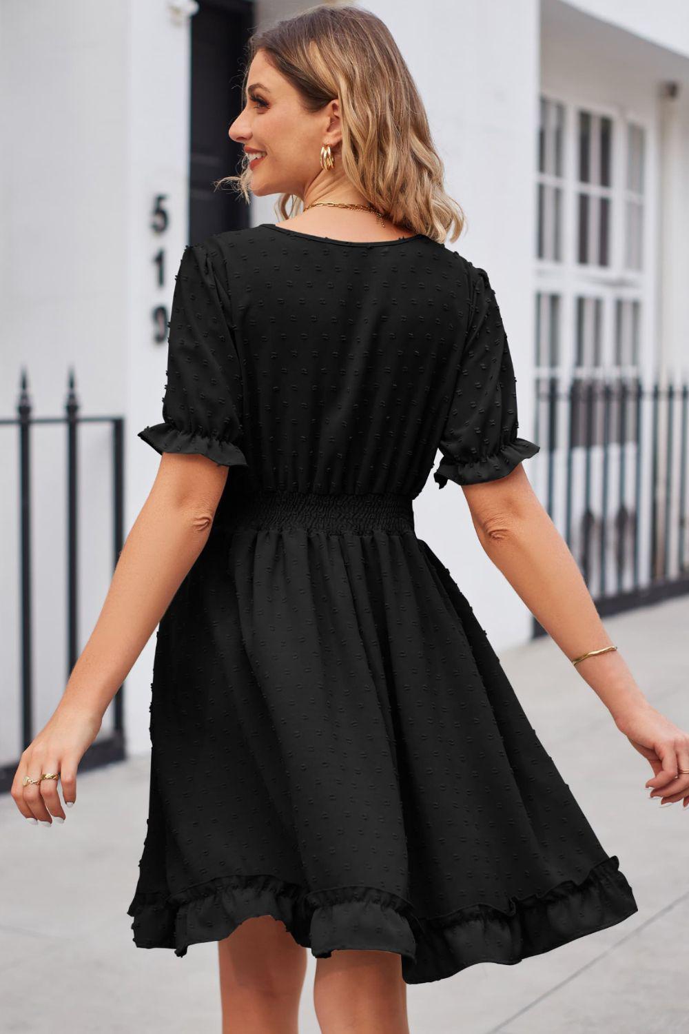 Swiss Dot Frill Trim Flounce Sleeve V-Neck Dress BLUE ZONE PLANET
