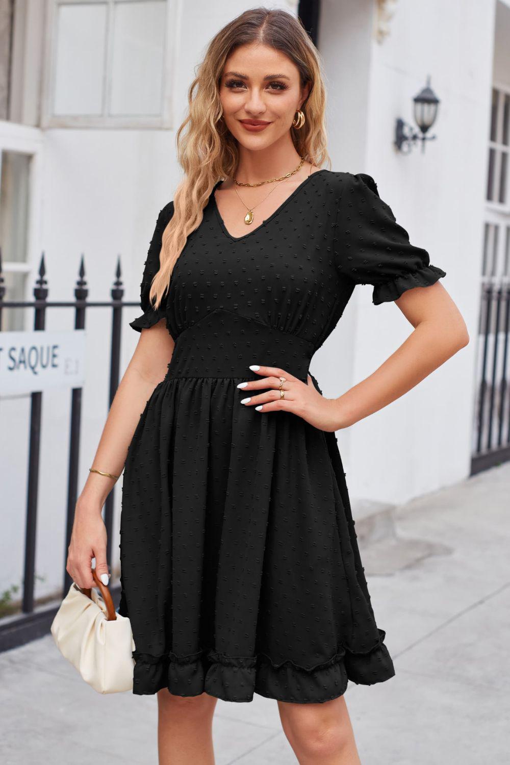 Swiss Dot Frill Trim Flounce Sleeve V-Neck Dress BLUE ZONE PLANET