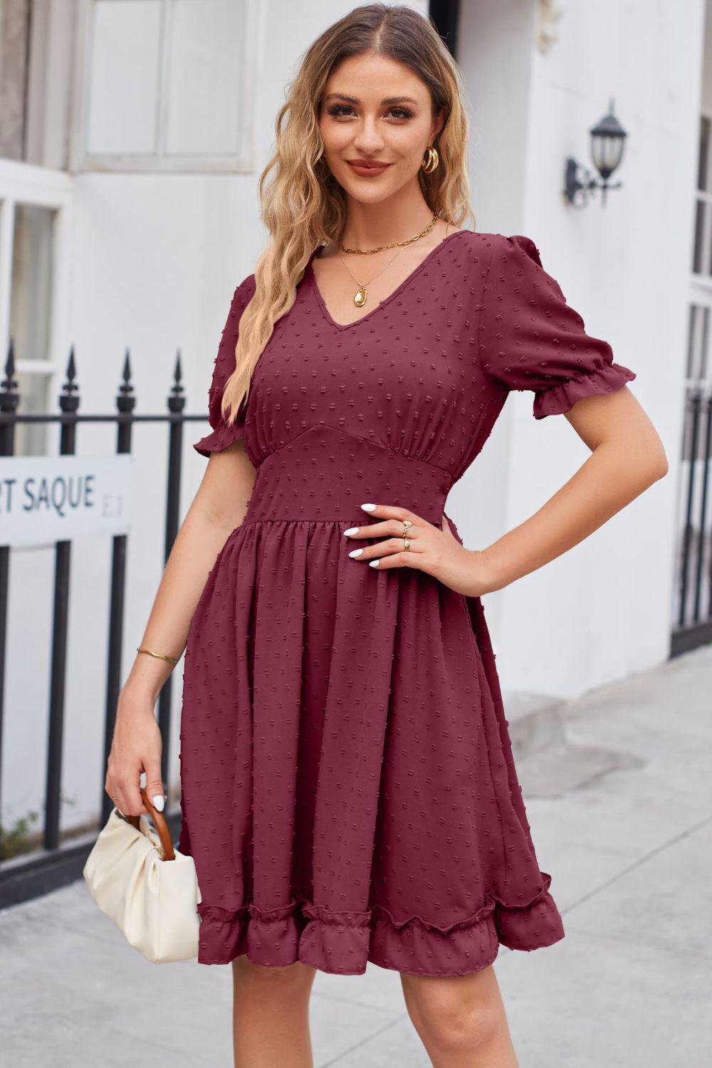 Swiss Dot Frill Trim Flounce Sleeve V-Neck Dress BLUE ZONE PLANET