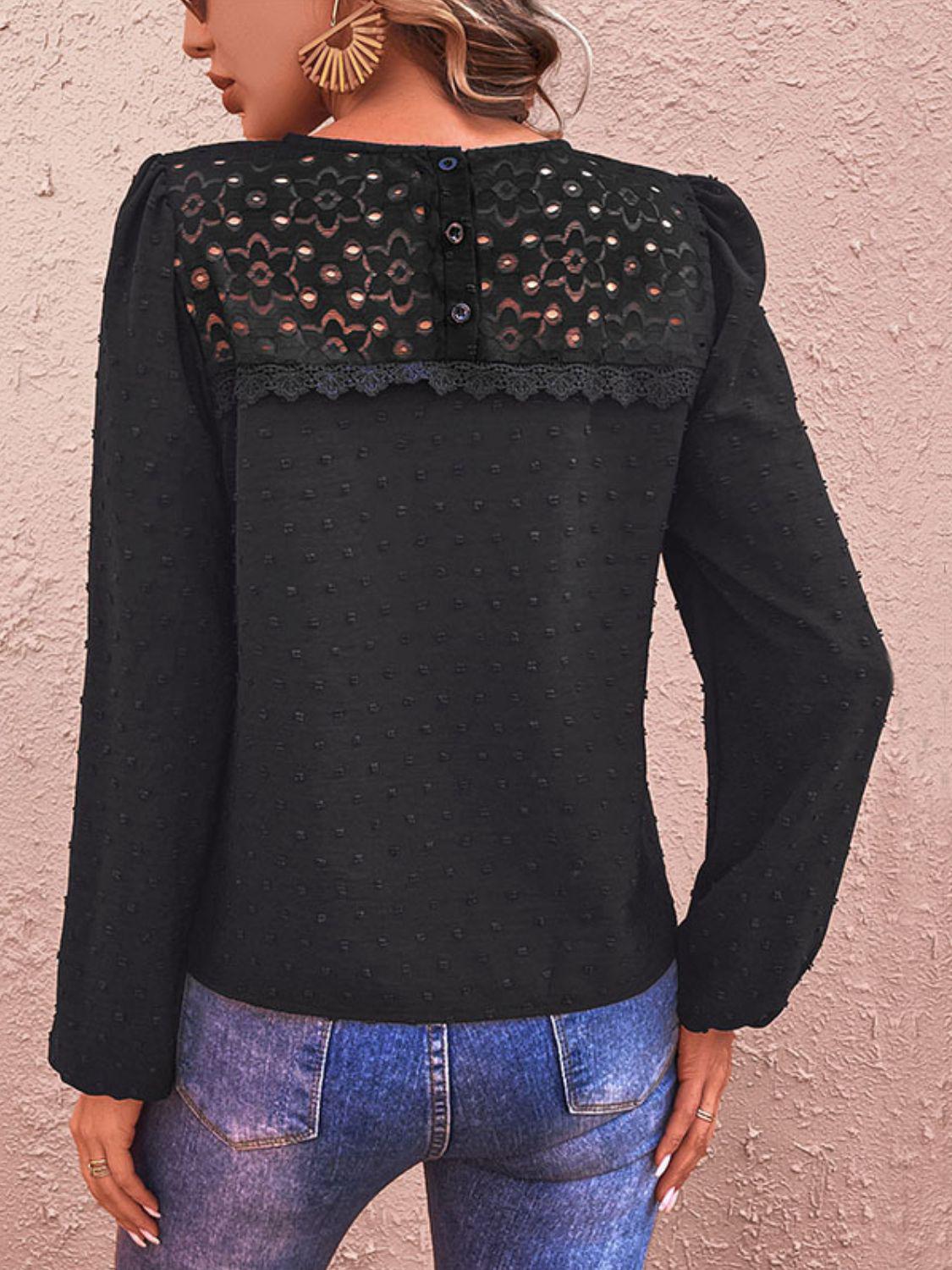 Swiss Dot Lace Trim Long Sleeve Blouse BLUE ZONE PLANET