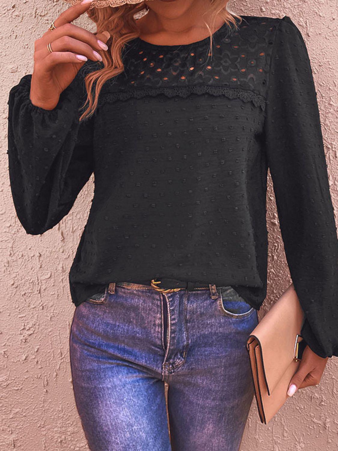 Swiss Dot Lace Trim Long Sleeve Blouse BLUE ZONE PLANET