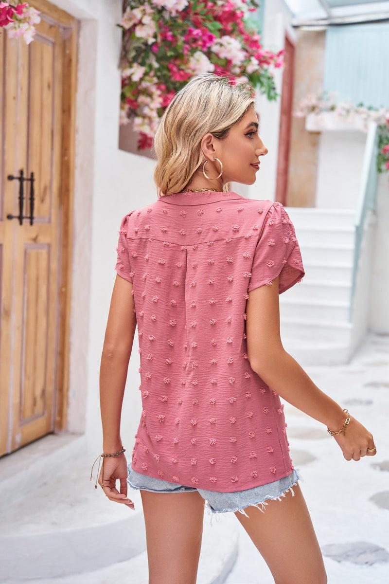Swiss Dot Petal Sleeve Notched Top BLUE ZONE PLANET
