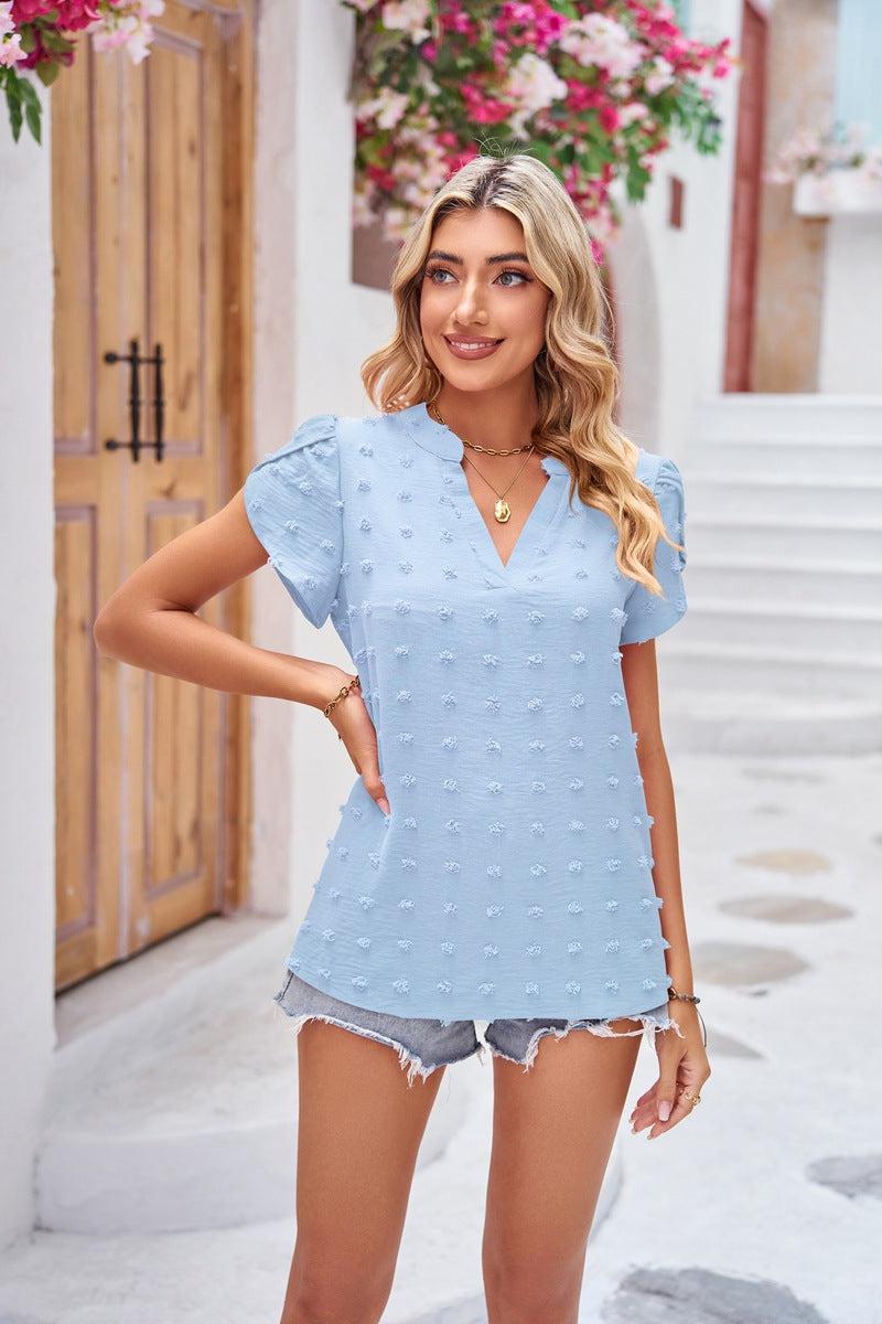 Swiss Dot Petal Sleeve Notched Top BLUE ZONE PLANET