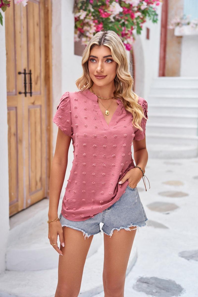 Swiss Dot Petal Sleeve Notched Top BLUE ZONE PLANET