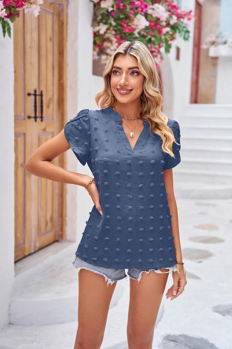 Swiss Dot Petal Sleeve Notched Top BLUE ZONE PLANET