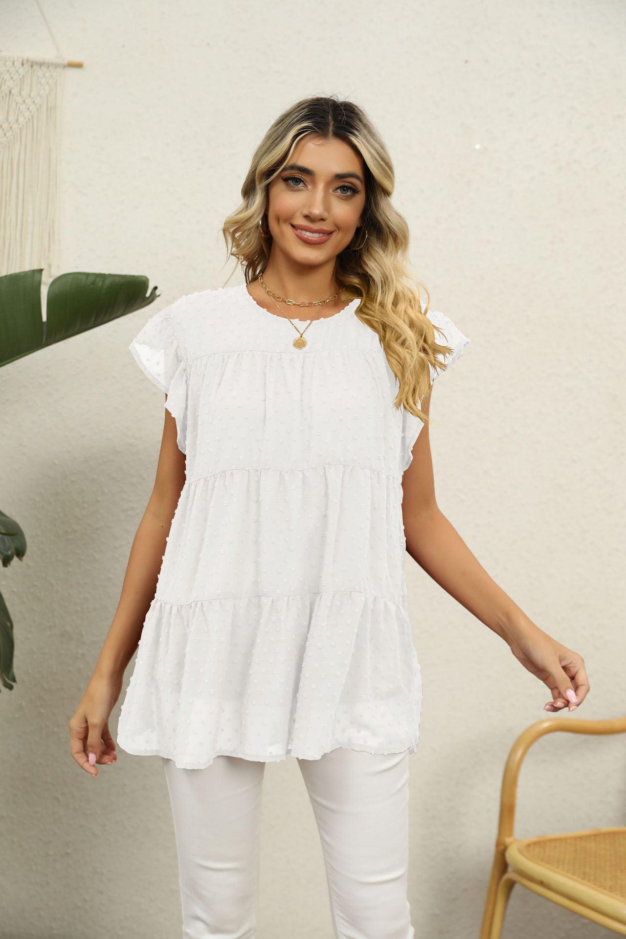 Swiss Dot Round Neck Tiered Blouse BLUE ZONE PLANET