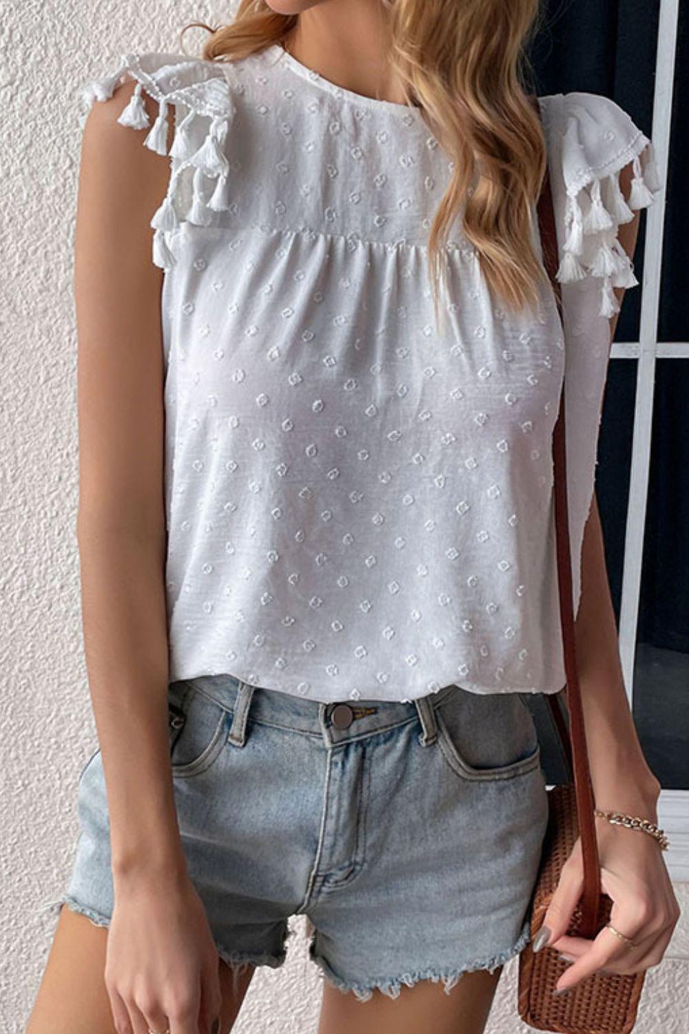 Swiss Dot Tassel Detail Round Neck Blouse BLUE ZONE PLANET