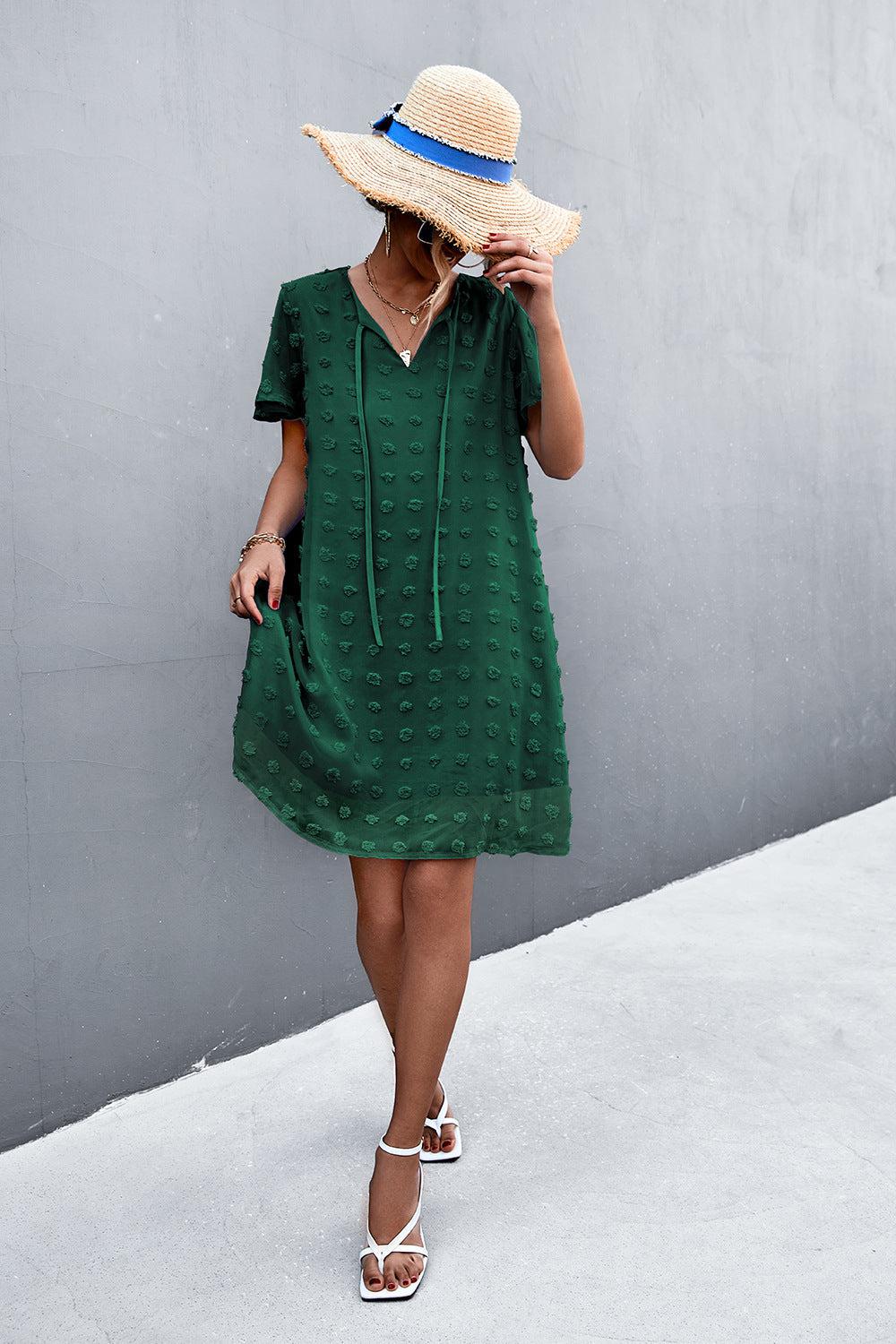 Swiss Dot Tie Neck Mini Dress BLUE ZONE PLANET