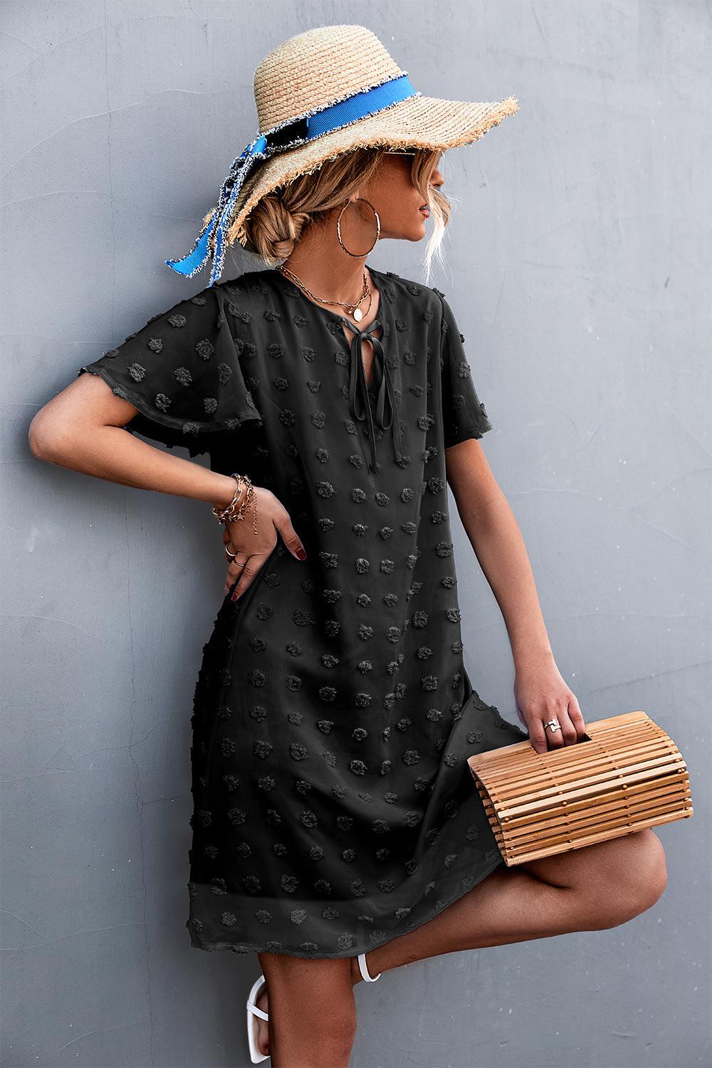 Swiss Dot Tie Neck Mini Dress BLUE ZONE PLANET