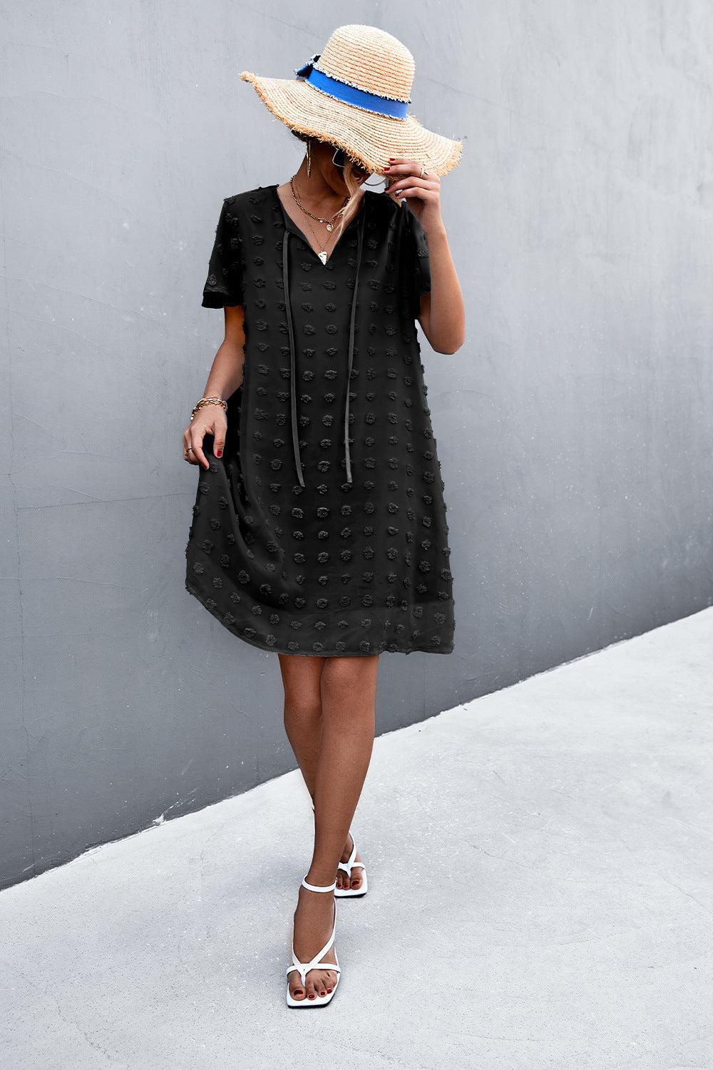 Swiss Dot Tie Neck Mini Dress BLUE ZONE PLANET