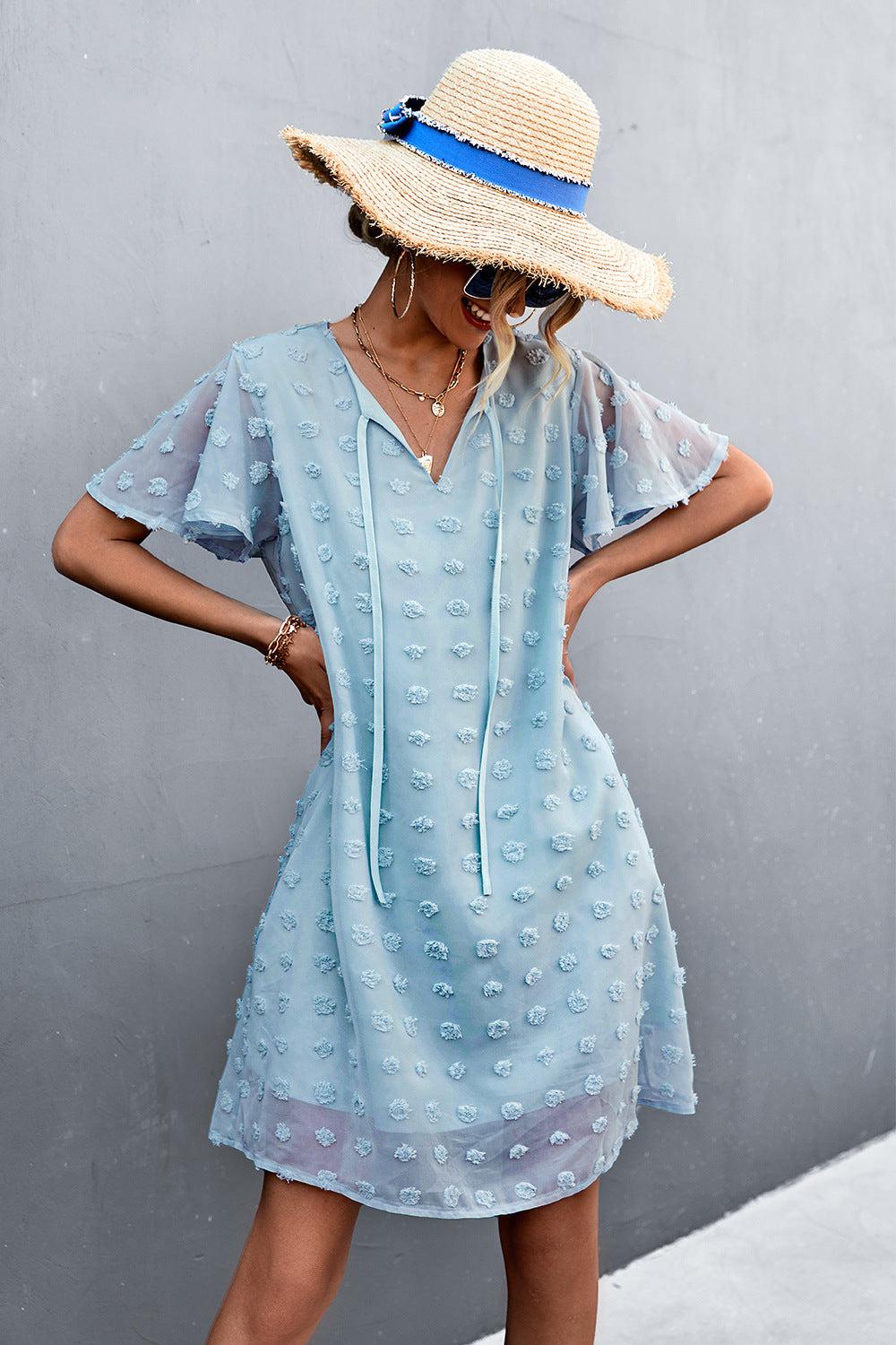 Swiss Dot Tie Neck Mini Dress BLUE ZONE PLANET