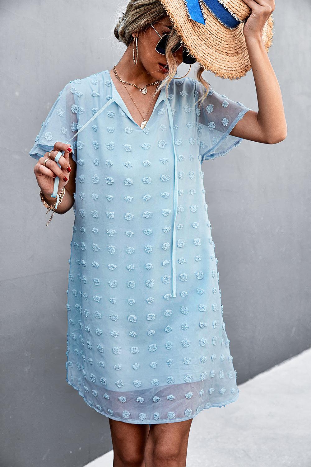 Swiss Dot Tie Neck Mini Dress BLUE ZONE PLANET
