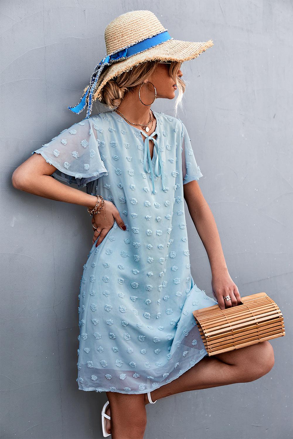Swiss Dot Tie Neck Mini Dress BLUE ZONE PLANET
