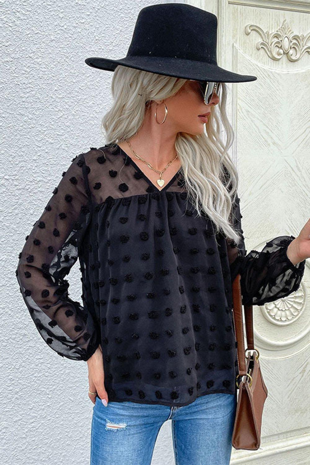 Swiss Dot V-Neck Blouse BLUE ZONE PLANET
