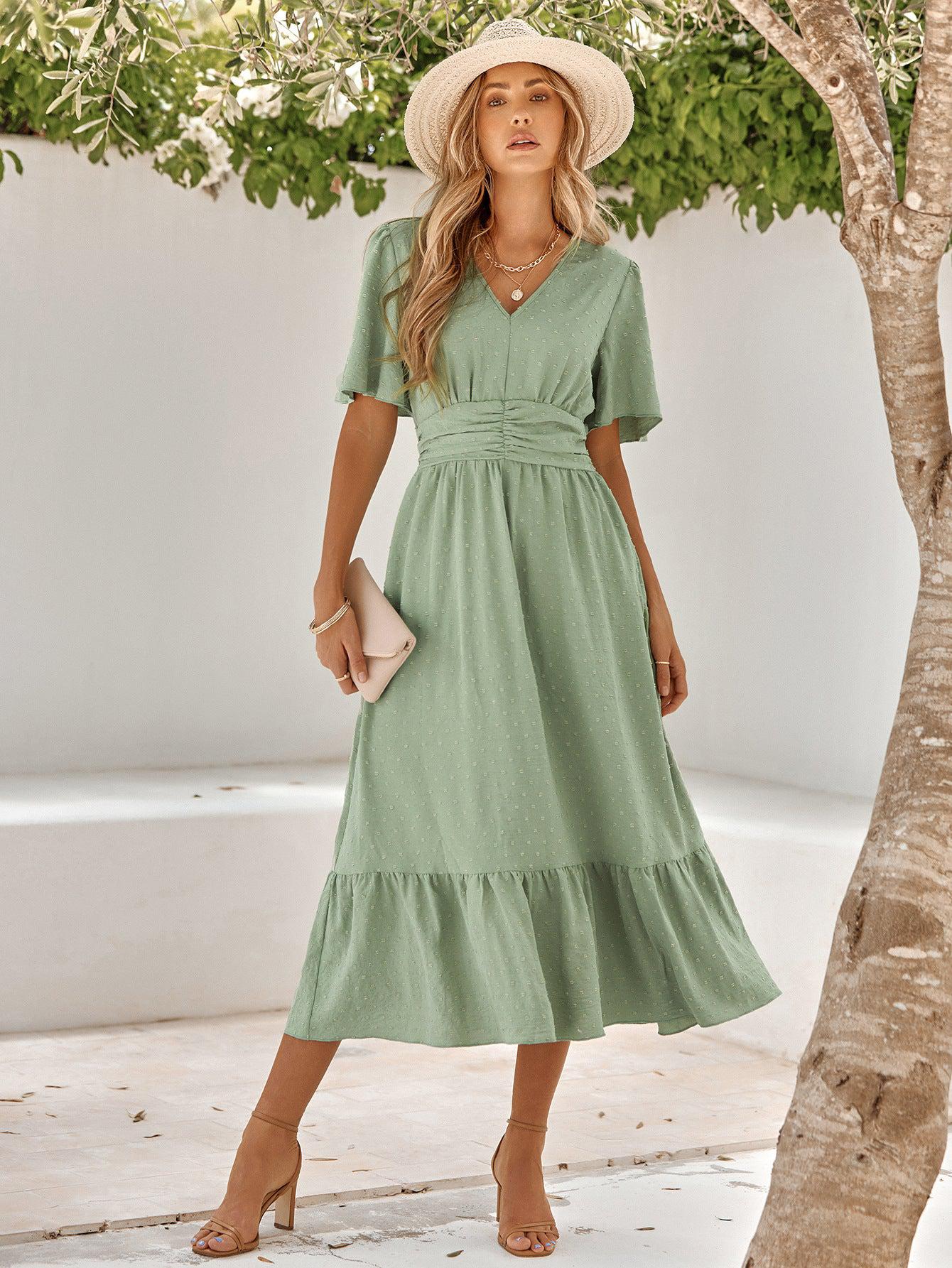 Swiss Dot V-Neck Ruffle Hem Dress BLUE ZONE PLANET
