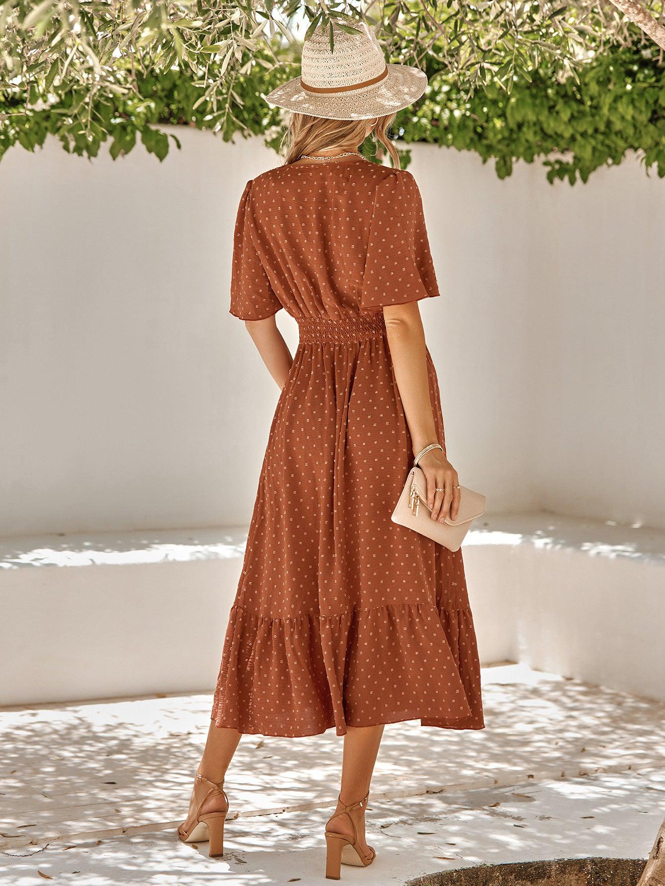 Swiss Dot V-Neck Ruffle Hem Dress BLUE ZONE PLANET