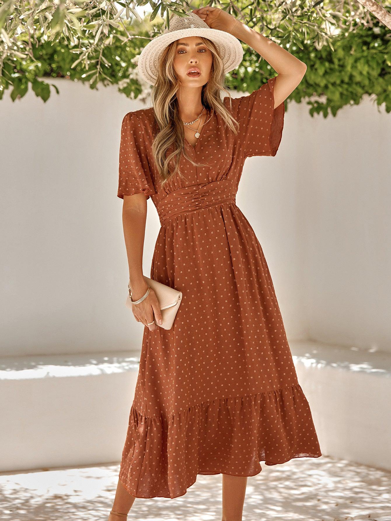 Swiss Dot V-Neck Ruffle Hem Dress BLUE ZONE PLANET