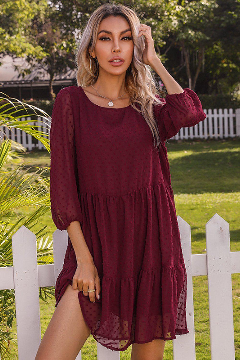 Swiss Solid Dot Ruffle Hem Dress BLUE ZONE PLANET