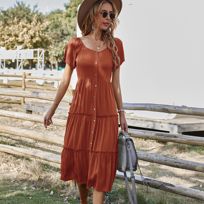 Blue Zone Planet | Mia's Solid Color Short-Sleeved Buttoned Loose Tiered Midi Dress BLUE ZONE PLANET